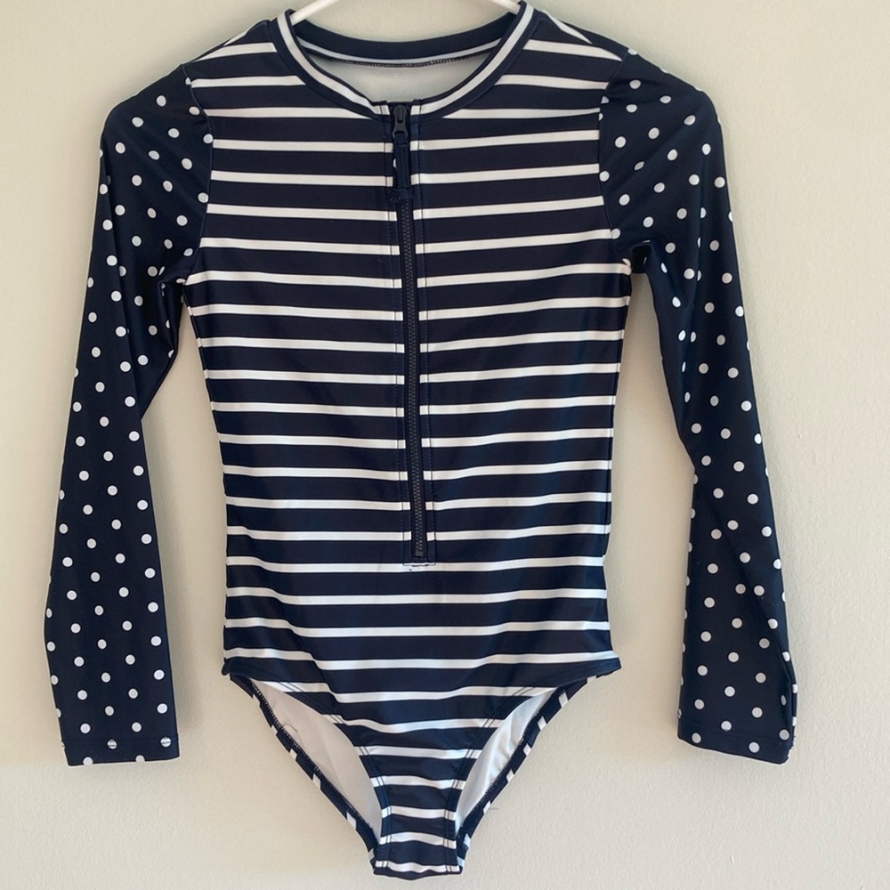 Gap Girl’s Long Sleeve Navy Poka Dot Stripe  Rash Guard Swim Piece Sz L 10/11